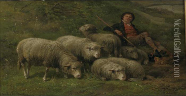 Shepherd And His Flock Oil Painting - Cornelis van Leemputten
