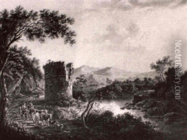 Fluslandschaft Mit Einem Verfallenen Turm Und Hirten Oil Painting - Philip James de Loutherbourg