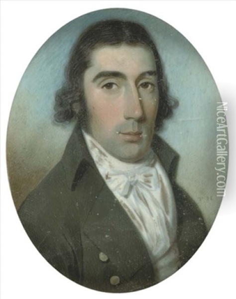 A Gentleman In Open Green Coat And White Waistcoat, Dark Wavy Hair Oil Painting - Thomas Hazlehurst