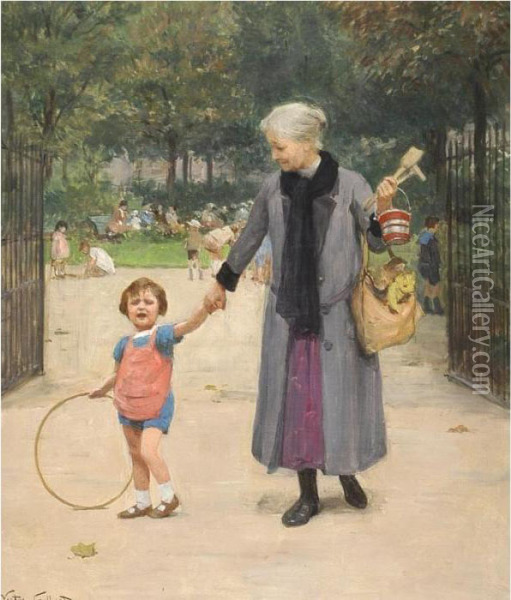 In The Park With Grandmother Oil Painting - Victor-Gabriel Gilbert