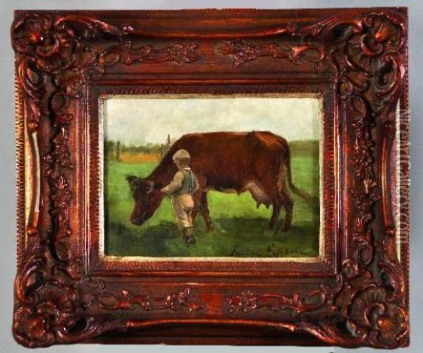 vache Et Enfant Oil Painting - Justine Lefebvre