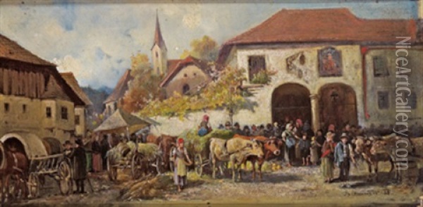 Reges Treiben Auf Der Dorfstrase Oil Painting - Ignaz Ellminger
