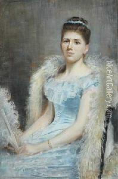 Lady In A Blue Silk Dress And Feathered Boa Oil Painting - Sarah Henrietta Purser