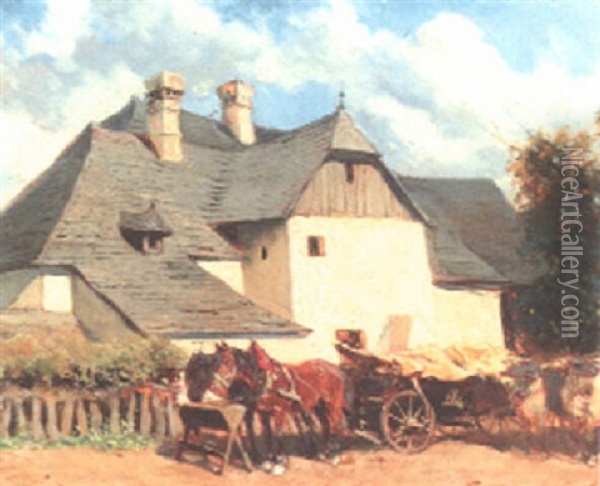 Bauerngehoft Mit Pferdewagen Und Ochsengespann Oil Painting - Alexander Ritter Von Bensa