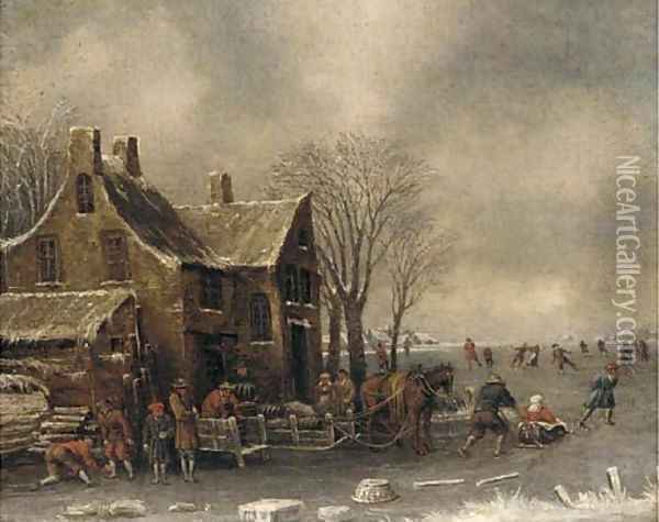 Townsfolk skating and sledging on a frozen lake before a building Oil Painting - Thomas Heeremans