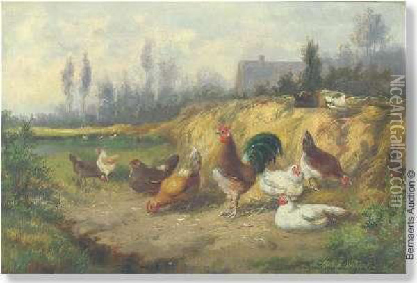 Cock Withchickens Oil Painting - Jef Louis Van Leemputten