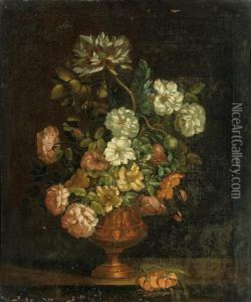 Roses, Chrysanthemums, And Other Flowers In A Sculpted Copper Urn,on A Stone Ledge Oil Painting - Gaspar-pieter The Younger Verbruggen