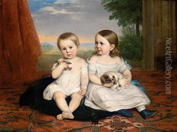 Retrato De Dos Ninos Con Sus Mascotas (children With Their Pets) Oil Painting - Carlos Luis de Ribera y Fieve