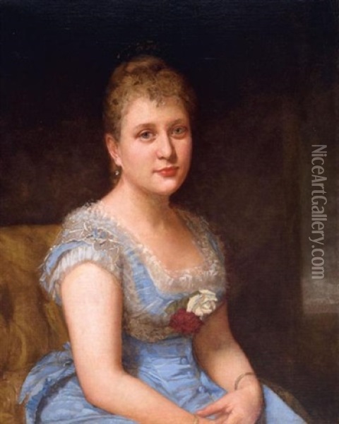Portrait Of A Woman Wearing A Blue Dress With White Lace Oil Painting - Jeannette Shepperd Harrison (Mrs. Henry) Loop