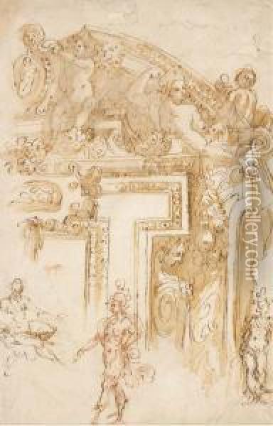 Studies Of Part Of An Elaborate Overdoor And Of Three Figures Oil Painting - Marco Marchetti, Called Marco Da Faenza