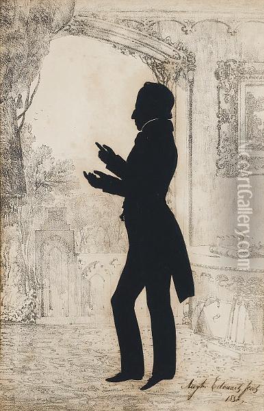 A Silhouette Of A Gentleman, Full-length, In Interior Setting, Profile To The Left, Wearing Frock Coat, Waistcoat, Chemise And Cravat. Oil Painting - Augustin Amant C.F. Edouart