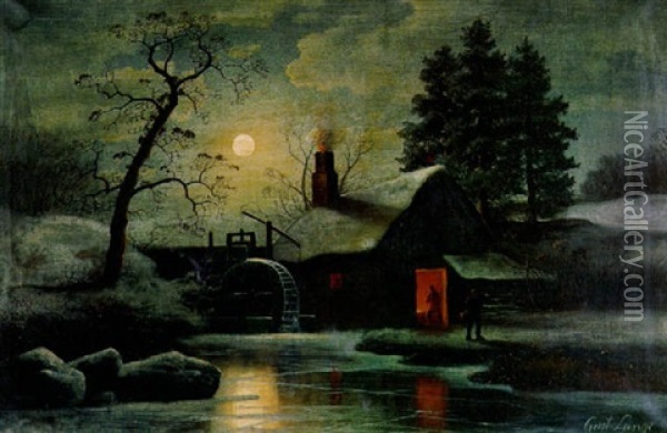 Eisenschmiede Am Flus Bei Mondaufgang Oil Painting - Johann Gustav Lange
