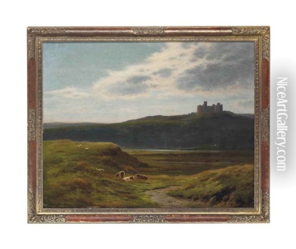 Harlech Castle With Cattle Grazing In The Foreground Oil Painting - Joseph Knight