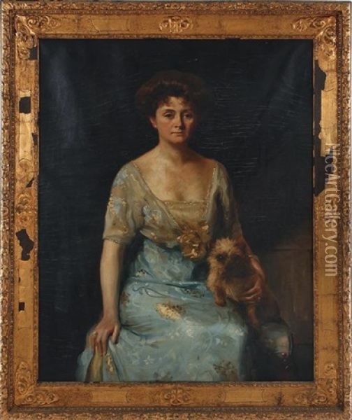 Portrait Of A Lady And Lap Dog (mrs. Hubert Baintou) Oil Painting - Ivan Lindhe