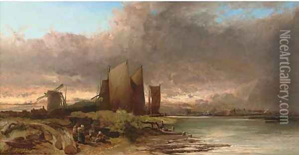 Fisherfolk on a tidal estuary, Shoreham Oil Painting - James Webb