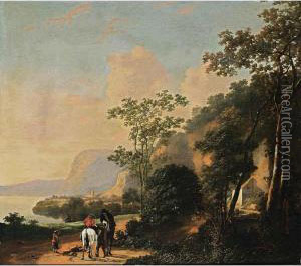A Southern Coastal Landscape With Horsemen Conversing On A Path, A Building Nearby Oil Painting - Adriaen van Eemont