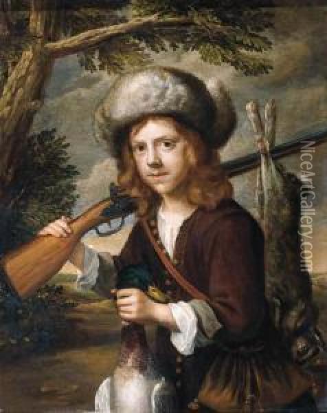 A Portrait Of A Youth, Standing 
Three Quarter Length In Alandscape, Holding A Dead Duck And A Rifle Oil Painting - Govert Teunisz. Flinck