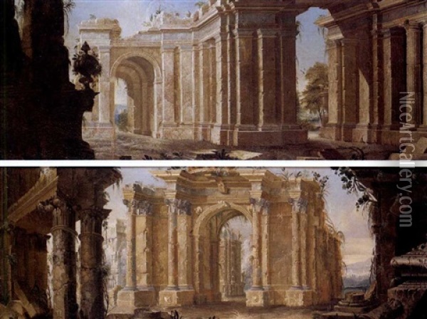 Rovine Di Templo Antico (+ Another, Pair) Oil Painting - Pietro Paltronieri