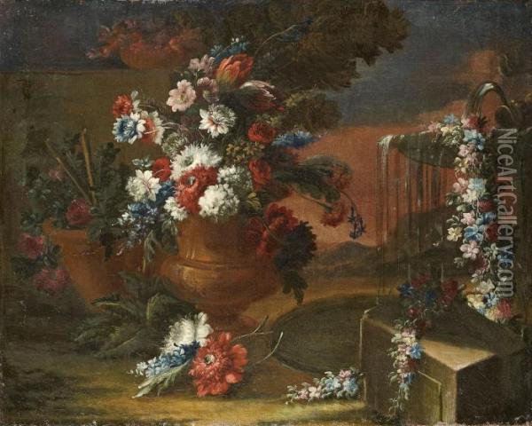 Zwei Blumenstillleben In Landschaft Oil Painting - Mario Nuzzi Mario Dei Fiori