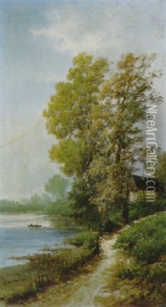 Paesaggio Fluviale Con Caseggiato E Sentiero Oil Painting - Henry Marko