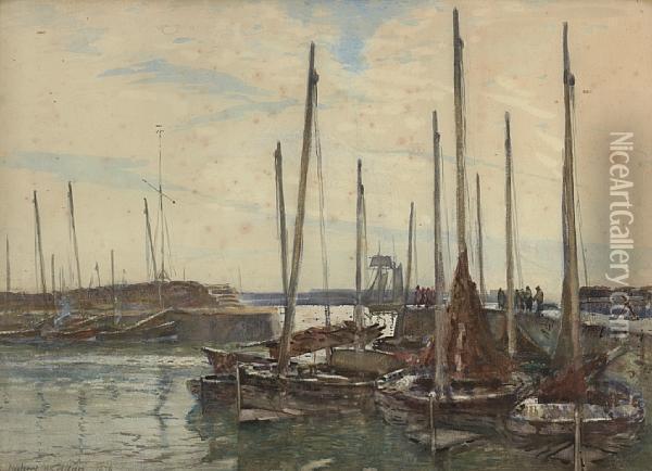 Fishing Boats In A Harbour. Oil Painting - Robert Weir Allan