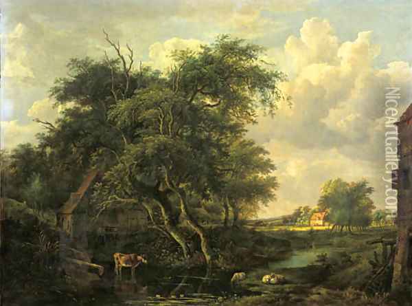 A watermill in a wooded landscape in summer Oil Painting - Meindert Hobbema