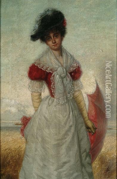 An Elegant Lady In A Cornfield Holding A Red Umbrella Oil Painting - Wilhelm Karl Juncker