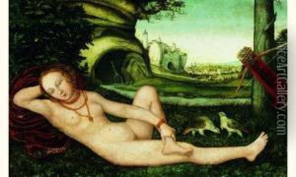 Diane Chasseresse Allongee Sur Fond De Paysage Oil Painting - Lucas The Younger Cranach