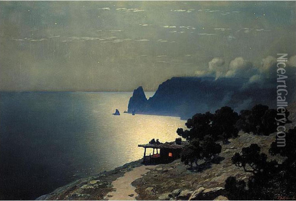 The Black Sea Coast By Moonlight Oil Painting - Grigory Odissevich Kalmykov