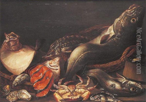 Nature Morte De Poissons Et Crustaces Avec Crabe Et Esturgeons Oil Painting - Isaac Van Duynen
