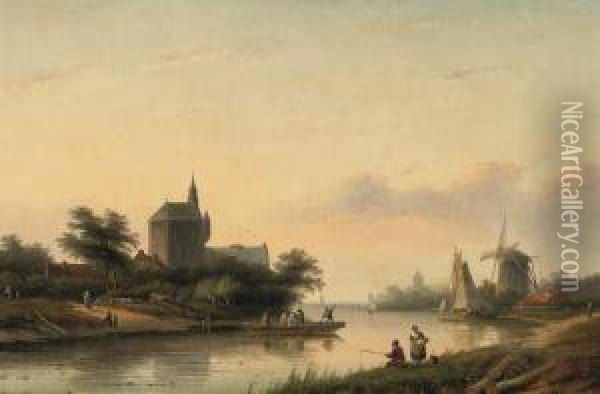 A Summer Landscape With A Ferry Crossing A Waterway Oil Painting - Jan Jacob Coenraad Spohler
