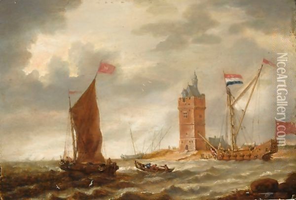 Shipping In A Breeze Before A Coast With A Fortified Tower Oil Painting - Bonaventura, the Elder Peeters