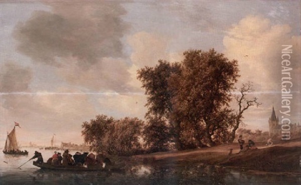 A River Landscape With Figures On A Wooded Bank Awaiting The Approach Of A Heavily Laden Ferry, A Church And Dutch Kaags In An Estuary Beyond Oil Painting - Salomon van Ruysdael