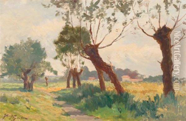 Pollarded Trees In A Summer Landscape Oil Painting - Victor Alfred Paul Vignon
