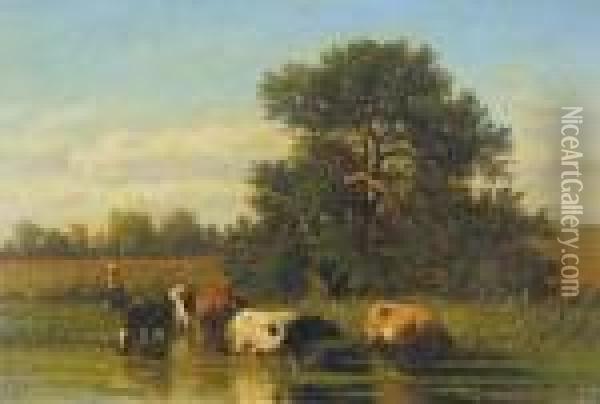 Koeien Aan De Drinkplaats (1864) Oil Painting - Louis Marie Dominique Romain Robbe
