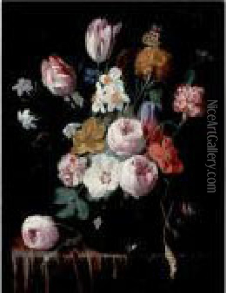 Still Life Of Roses, Tulips, 
Carnations And Other Flowers In A Glass Vase, Resting On A Table Oil Painting - Nicolas Van Veerendael