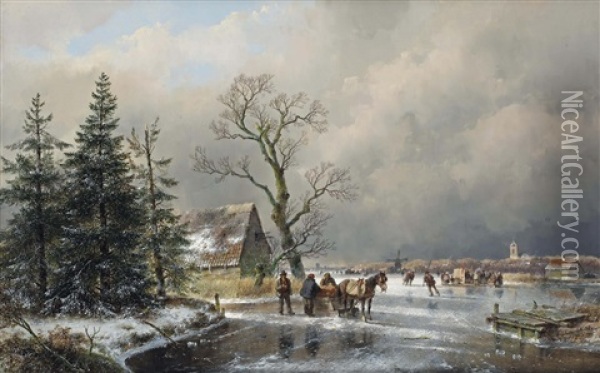 An Extensive Winter Landscape With Skaters And A Horse-drawn Sledge Oil Painting - Andreas Schelfhout