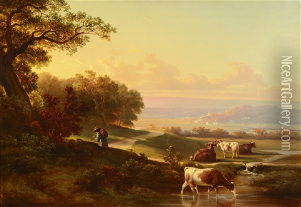 Sunset Pastoral Oil Painting - Thomas Hill