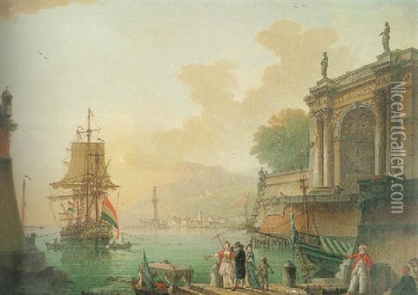 A Mediterranean Port With Elegant Figures On A Quay Near A Classical Arch, A French Man-of War In The Harbour Beyond Oil Painting - Charles Francois Lacroix