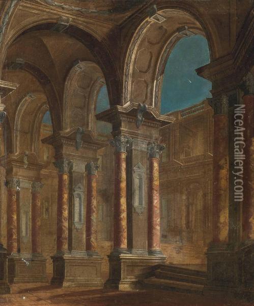 An Architectural Capriccio Of A Palace Courtyard Oil Painting - Viviano Codazzi