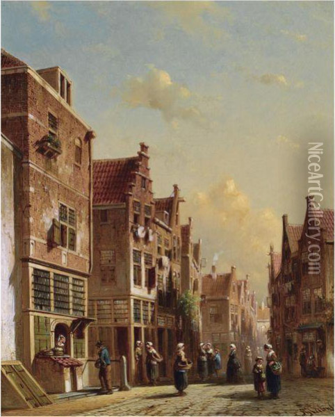 A Street Scene With Figures Conversing Oil Painting - Pieter Gerard Vertin
