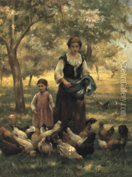 Feeding The Chickens Oil Painting - Therese Marthe Francoise Cotard-Dupre