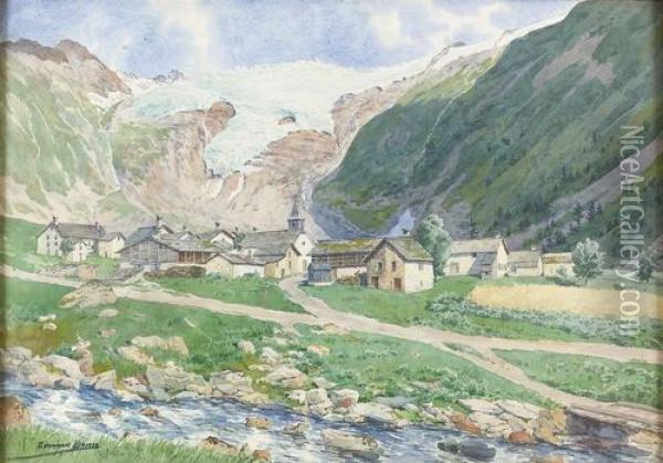 Sommerliche Dorfansicht Am Fuss Eines Gletschers. Oil Painting - Edouard Brun