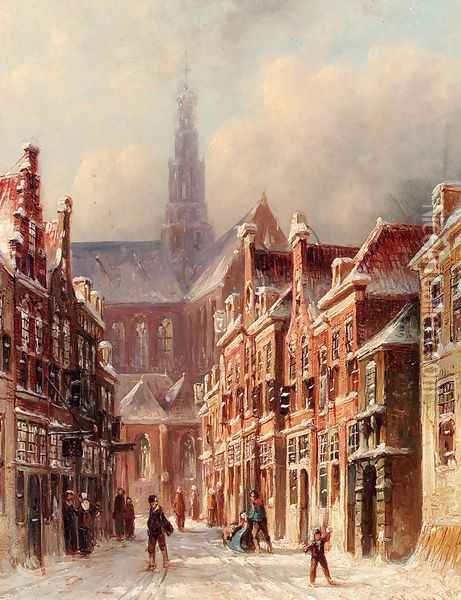 A Snowy Street With The St. Bavo Beyond, Haarlem Oil Painting - Pieter Gerard Vertin