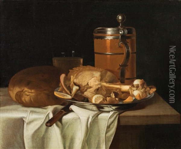 Still Life With Bread, Ham, A Beer Jug And A Water Glass Oil Painting - Justus Juncker
