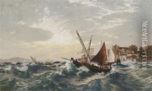 Abend Am Gardasee. Heimkehrende Fischerboote Vor Dem Ufer Oil Painting - Carl Saltzmann