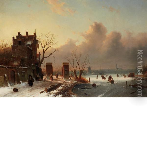 Skaters On A Frozen Canal Oil Painting - Charles Henri Leickert