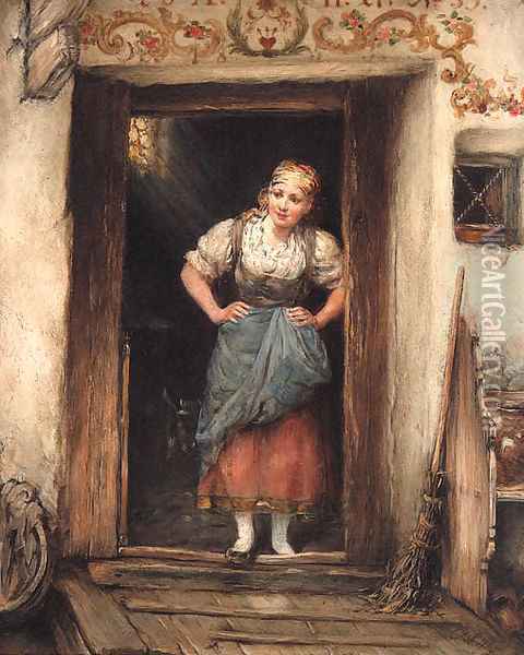 A young Maid in a Doorway Oil Painting - Otto Piltz