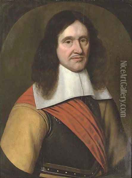 Portrait of a man, bust-length, wearing a breast plate and red sash Oil Painting - Michiel Jansz. van Mierevelt