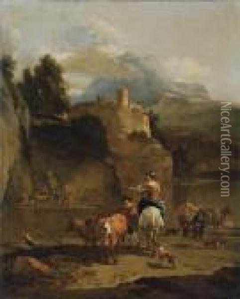 An Italianate River Landscape With Drovers And Their Cattle In The Foreground Oil Painting - Nicolaes Berchem
